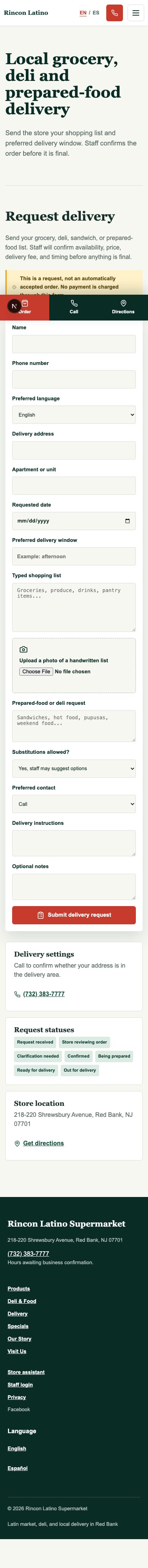 Rincon Latino direct delivery request form