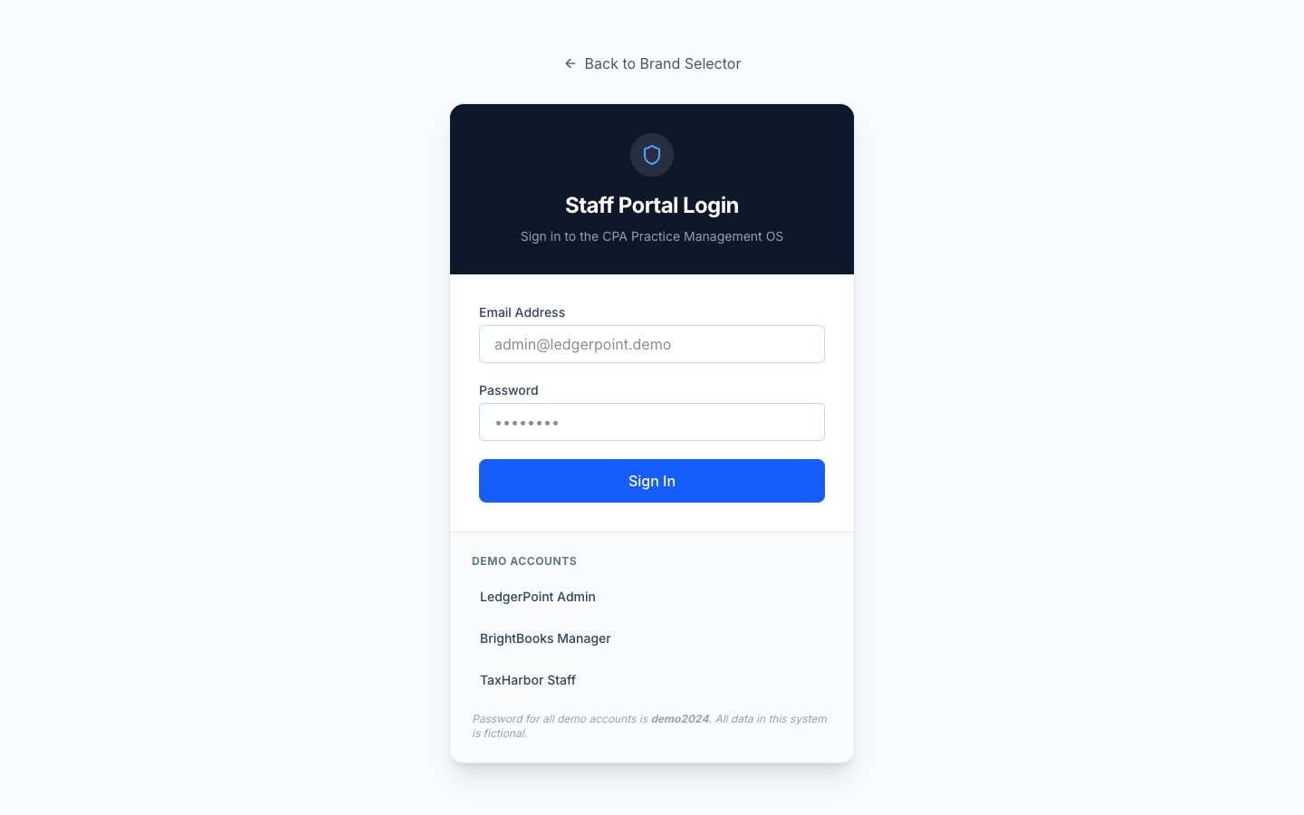 CPA staff portal login with pre-configured demo credentials