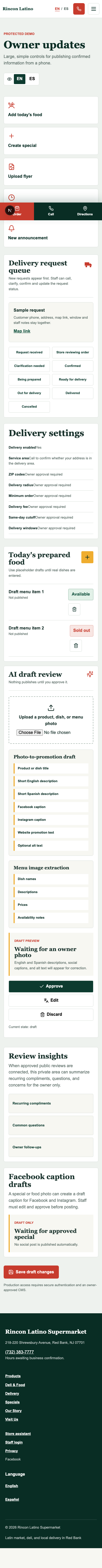 Rincon Latino owner dashboard and administration