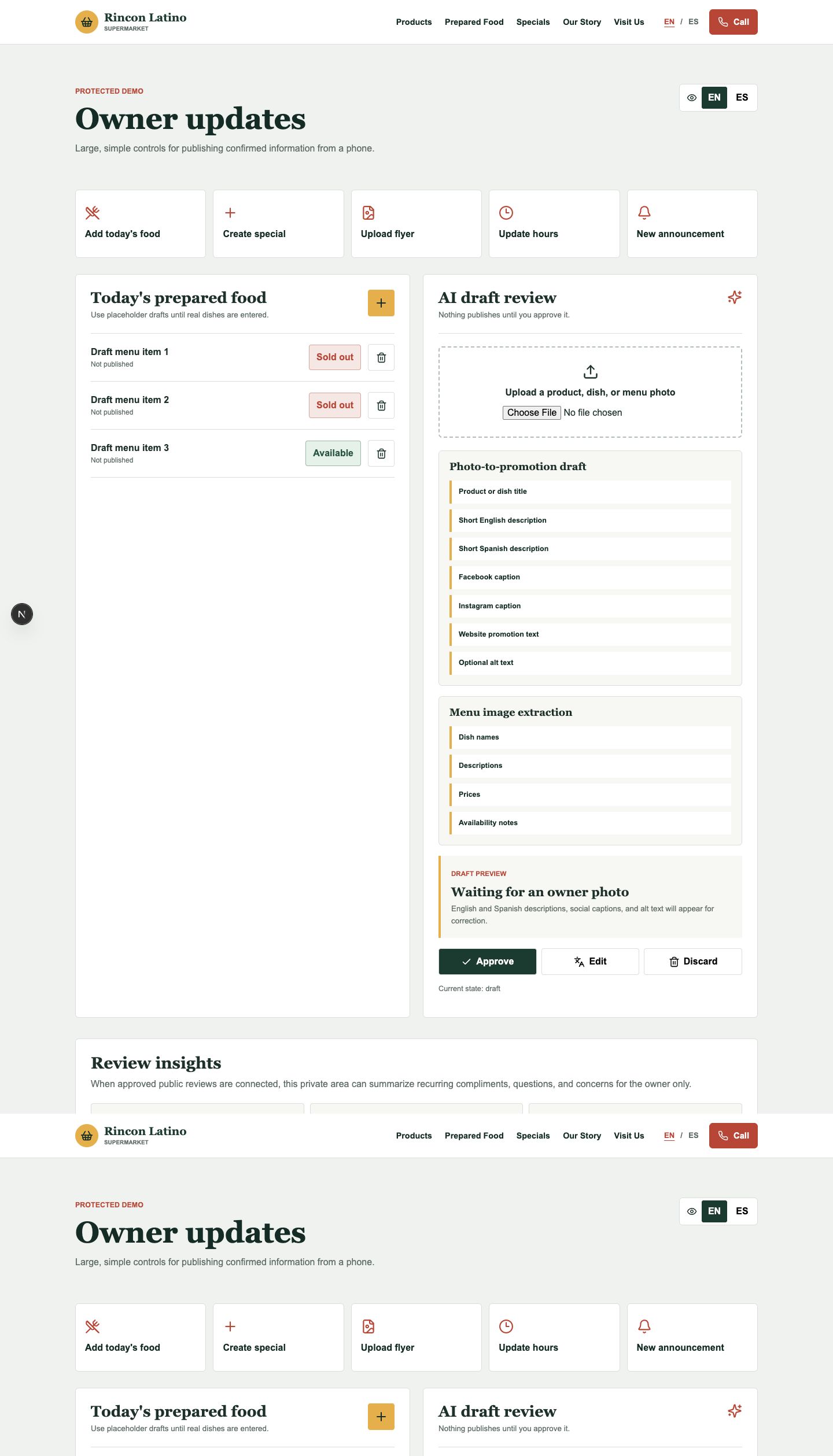 Owner management dashboard for phone-friendly updates