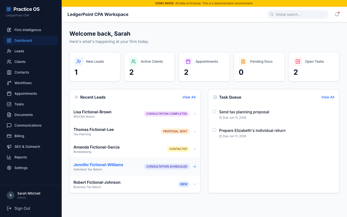 CPA practice management dashboard with leads, tasks, and calendar bookings