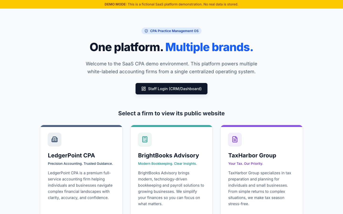 SaaS CPA multi-brand landing page showing three branded firms